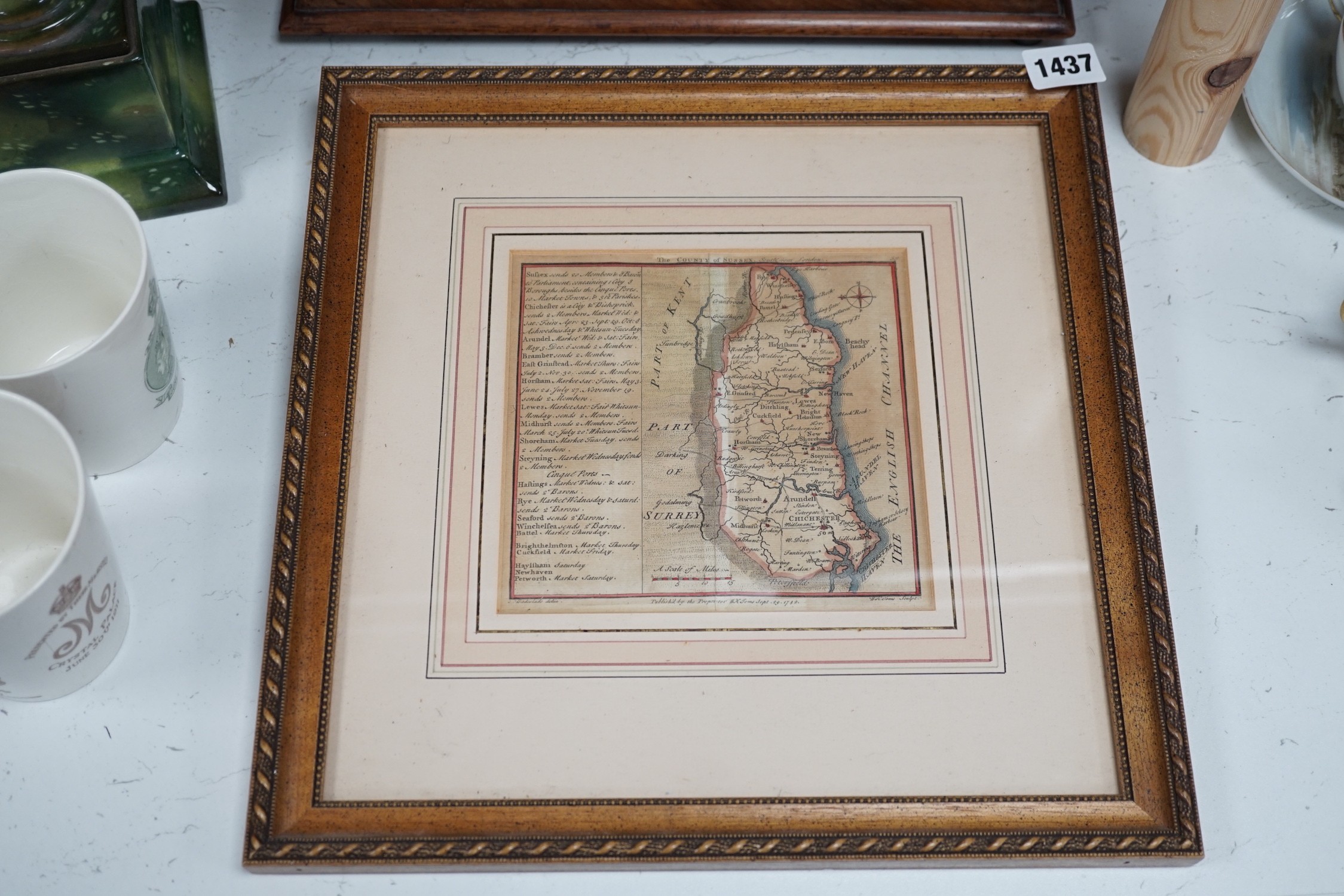 Badeslade (Thomas & William Henry Toms), coloured engraving, Map of the county of Sussex dated 1742, 15.5cm sq